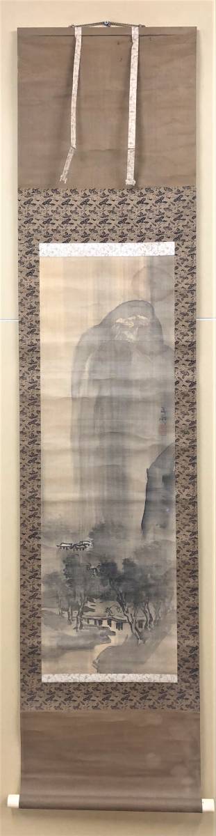 S150【山水図】風景画 水墨画 日本美術 絹本 掛軸 在銘 落款 サイズ:約40.3㎝ x 174㎝『模写』, 絵画, 日本画, 山水, 風月