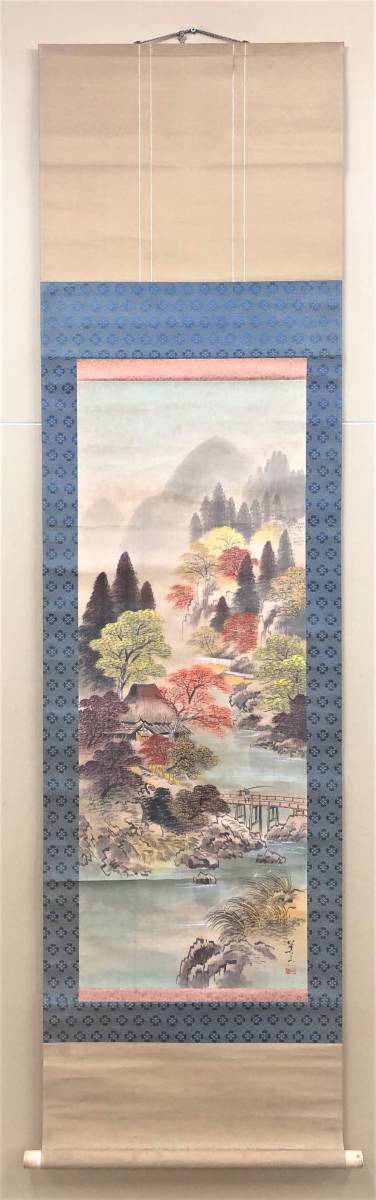 S100 Miyama Ota [Colored Landscape] Autumn leaves Landscape painting Autumn scenery Silk book Studied by Shinsui Ito Japanese calligraphy Hanging scroll Signed Signature Size: approx. 51.8cm x 191cm ``Copy'', painting, Japanese painting, landscape, Fugetsu