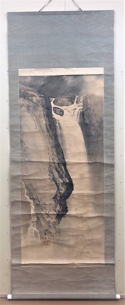 S52 Dankyu [Flying Waterfall] Landscape painting, ink painting, large size, silk, hanging scroll, inscribed and signed, size: approx. 83cm x 227.5cm, copy, Painting, Japanese painting, Landscape, Wind and moon