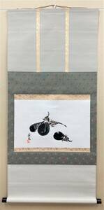 Art hand Auction C140 春虹【茄子】野菜図 日本美術 紙本 掛軸 在銘 落款 現状品『模写』, 美術品, 絵画, その他