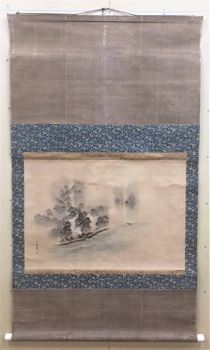 S04 Mori Ippos Gemälde Arashiyama no Zu Landschaftsmalerei Japanische Malerei Seide Edo-Zeit Maruyama-Schule Hängerolle Signiert, versiegelt, Kartongröße: ca. 75, 5cm x 148cm, Malerei, Japanische Malerei, Landschaft, Wind und Mond