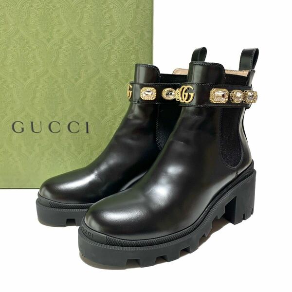 ☆美品 GUCCI グッチ GGマーモント ビジュー ストラップ 厚底 ショートブーツ 黒 size 36 イタリア製 サイドゴアブーツ アンクルブーツ