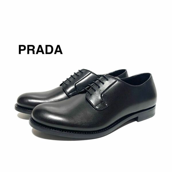 ☆未使用 プラダ PRADA 5ホール プレーントゥ 外羽根 レザー ダービーシューズ 黒 イタリア製 ビジネスシューズ ドレスシューズ 革靴