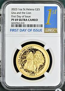 2023年 セントヘレナ ウナとライオン 5ポンド 1オンス プルーフ金貨 NGC PF69 ULTRA CAMEO First Day of Issue イギリス