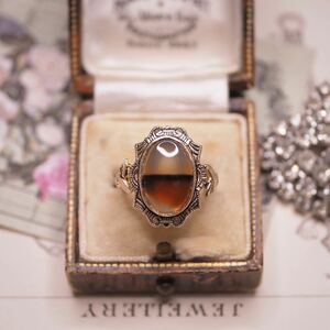 ＊K10景色浮かぶランドスケープアゲートリング＊英国アンティーク イギリス ヴィンテージ 金 昭和レトロ ring vintage antique gold (検K18