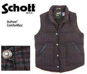 【100周年記念 限定！】極美品 Schott ショット 山羊革 レザー使用 コンチョボタン ツイードダウンベスト 千鳥格子 M【定価￥38,880-】