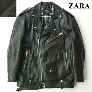 美品 ZARA ザラ 羊革 シープスキン パキスタンレザー オーバーシルエット ライダースジャケット ブラック 黒 38 JP:M-L メンズ