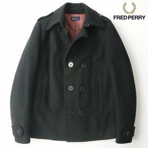 相場価格￥41,500- 美品 FRED PERRY フレッドペリー F2162 メルトンウール Pコート 黒 ブラック ロンドンチェック L 中綿入り ピーコート