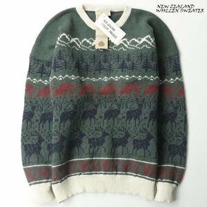 新品タグ付き ニュージーランド製 NEW ZEALAND WOOLLEN SWEATER シェットランドヤーン クルーネック ニットセーター 深緑 M アニマル柄