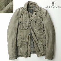 美品 ALL SAINTS オールセインツ AS10849 ヴィンテージ加工 本革レザー ミリタリージャケット グレージュ S ブルゾン フィールド-_画像1