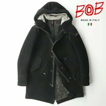 極美品 イタリア製 BOB ボブ 秋冬 ボンディング ストレッチニット モッズコート 黒 ブラック JP:L フーデッド ロング丈 メンズ_画像1