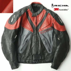 【本格バイクウェア！】 RICHA リチャ 牛革 カウレザー レーシングジャケット 黒ｘ赤 ブラック 44 JP:XL シングルライダース メンズ-