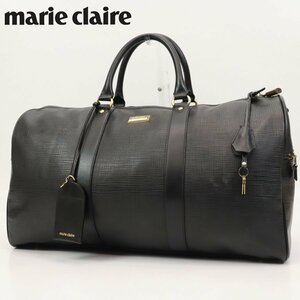 極美品 marie claire マリクレール 牛革レザー x PVC ボストンバッグ 黒 ブラック ダッフル 鍵付き トラベル 大容量 大型 ビジネス