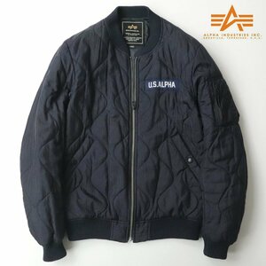 美品 ALPHA INDUSTRIES INC, アルファ リップストップナイロン フライト キルティングジャケット ネイビー L 中綿入り ブルゾン