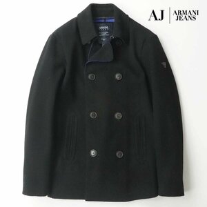 極美品 ジョルジオ・アルマーニ ARMANI JEANS カットオフ加工 ボンディング メルトン Pコート 黒 ブラック 46 JP:M【相場価格￥95,800-】