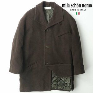 美品 mila schon uomo ミラショーン カシミヤ50% 最高級 メルトンウール 中綿入り コート 茶 ブラウン 50 JP:XL【相場価格￥250,000-】