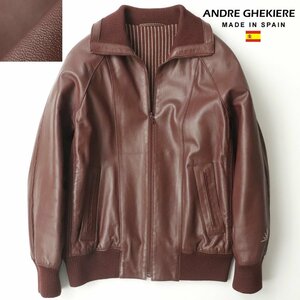 美品 スペイン製 ANDRE GHEKIERE アンドレゲキエール 羊革 ラムレザー ニット切替 ジップブルゾン ボルドー 48 JP:L【参考価格￥220,000-】