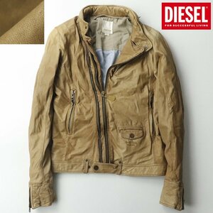 美品 DIESEL ディーゼル 羊革 アンティークレザー シングル ライダースジャケット キャメル S ブルゾン メンズ【相場価格￥137,500-】