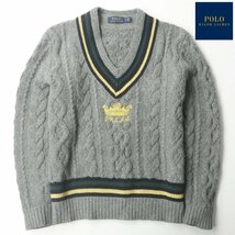 美品 Polo Ralph Lauren ラルフローレン アルパカウール ケーブル編み Vネック チルデンニットセーター グレー S 【相場価格￥32,600-】_画像1