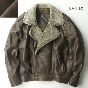 【最高級 スペイン製！】美品 JUAN JO ファンホ 羊革 ラムレザー ムートン襟 ライダースブルゾン 茶 50 ヴィンテージ【参考価格￥220,000】