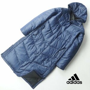 美品 adidas アディダス スリーライン 撥水シェル ダウン ベンチコート 紺 ネイビー L ロング丈 スポーツウェア メンズ パフォーマンス