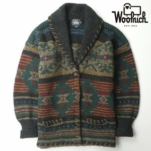 【90sヴィンテージ！レア物】美品 Woolrich ウールリッチ ハンドメイド ネイティブ柄 ショールカラー ニットカーディガン L 総柄 RRL