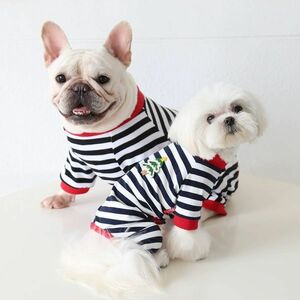 ブラックLサイズ◆【残り数枚】【小型犬用サイズ】犬服 ロンパース つなぎ 部屋着 抜け毛対策 パジャマ 新品 ボーダー柄 新作 カバーオール