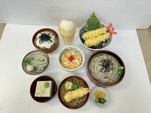 100 ★ 中古21 食品サンプル 実物大 そば 蕎麦 かやくご飯 天丼 海老天 ざるそば 豆腐 漬物 ドリンク とろろ蕎麦 9点まとめて