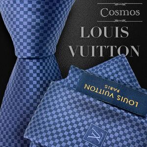 1円 極美品 LOUIS VUITTON ルイヴィトン 現行 ネクタイ マクロダミエ ダミエ柄 青系 青色 ブルー 紳士服 スーツ メンズ 高級 ブランド