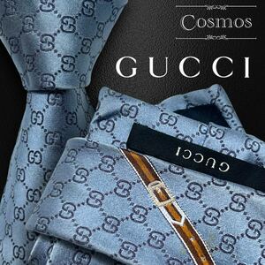 1円 美品 GUCCI グッチ ネクタイ GG柄 シマ ベルト ライン 青系 青色 ブルー 光沢 シルク 紳士服 スーツ メンズ 高級 ブランド ビジネス 