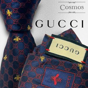 1円 極美品 GUCCI グッチ 現行 ネクタイ GG柄 シマ 蜂 ハチ bee 濃紺色 ネイビー 赤系 赤色 レッド 紳士服 スーツ メンズ 高級 ブランド