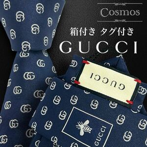 1円 極美品 GUCCI グッチ 現行 ネクタイ 箱付き タグ付き マーモント 蜂 ハチ bee GG柄 濃紺色 ネイビー 青系 紳士服 スーツ メンズ 高級