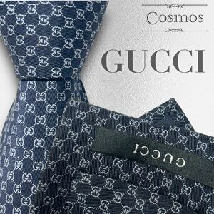 1円 美品 GUCCI グッチ ネクタイ GG柄 シマ 濃紺色 ネイビー 青系 青色 ブルー シルク 紳士服 スーツ メンズ 高級 ブランド ビジネス