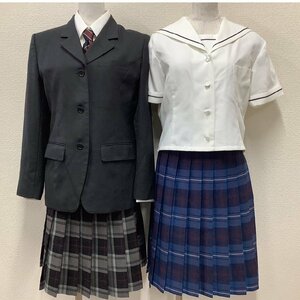 I391/Y(中古)福島県 本宮高校 女子制服7点 /M/BL/W63/丈54/ブレザー/ブラウス/セーラーブラウス/ベスト/スカート/ネクタイ/グレー/チェック