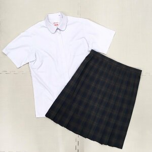 A496/(中古)兵庫県 播磨南高校 女子制服2点 /大きめ/175/W75/丈57/ブラウス/夏スカート/チェック柄/茶×緑/夏服/夏用/学生服/女子学生