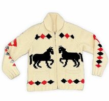 60's Vintage ビンテージ カウチンセーター Cowichan sweater 馬柄 ホース ショールカラー FLASHジップ 女性・ボーイズ [l-0882]_画像1