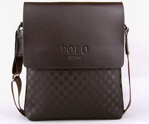 1円～ POLO VIDENG 新品 メンズ ショルダーバッグ ブラウン茶 高級PUレザー 市松模様 チェック柄 大人気ブランド 多機能 上質 質感 格安