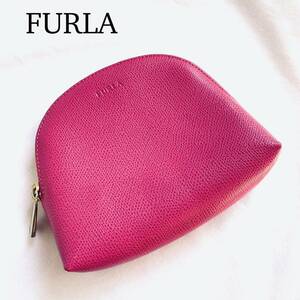 FURLA フルラ ポーチ フューシャピンク ラウンドファスナー 小物入れ マルチケース 小銭入れ 化粧ポーチ ピンク レザー