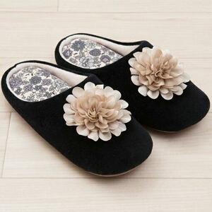  stock equipped botanikaru design. lovely slippers [ Charlotte ] black senko- inside size approximately 24cm floral print interior put on footwear interior 