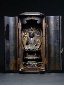 ▲600266*2▲仏教美術・古い・木製阿弥陀如来坐像・黒塗厨子付・時代・仏像大仏木造