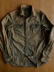 RRL ディストレストデニムウエスタンシャツ S “INDIGO BROWN”コンチョボタン ラルフローレン（ ビンテージジャケットデニム