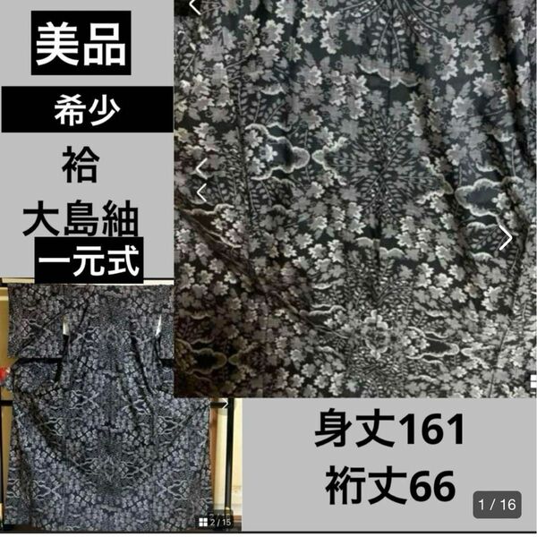 美品　総絣　身丈161 裄66 袷　大島紬　貴重な一元式　小紋　ブラック
