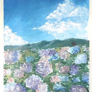 「夢中の青空」手描きハガキ　油絵　風景画　オイルパステル作品　紫陽花　青空