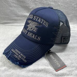 HOUSTON ヒューストン 刺繍ロゴ入り メッシュキャップ ダメージ加工 NAVY フリーサイズ サイズ調整可能 A50912-14の画像1