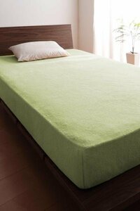 タオル地 ベッド用 ボックスシーツ 単品(マットレス用カバー) セミダブルサイズ 色-ペールグリーン /綿100%パイル 寝具べっどしーつ 洗濯可