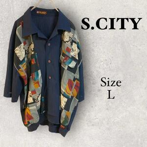 1196 S.CITY 【L】メンズ　シャツ　アロハ　チロリアンシャツ　ネイビー