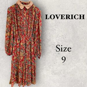 1233 LOVERICH【M】花柄ワンピース　レッド　レースカラー　レトロ風