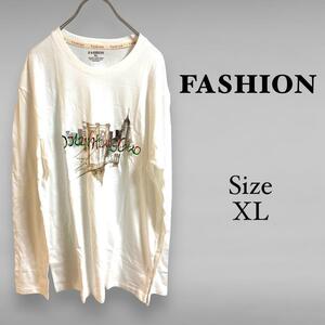 1274 FASHION 【XL】長袖カットソー　コットン　アイボリー　文字ロゴ