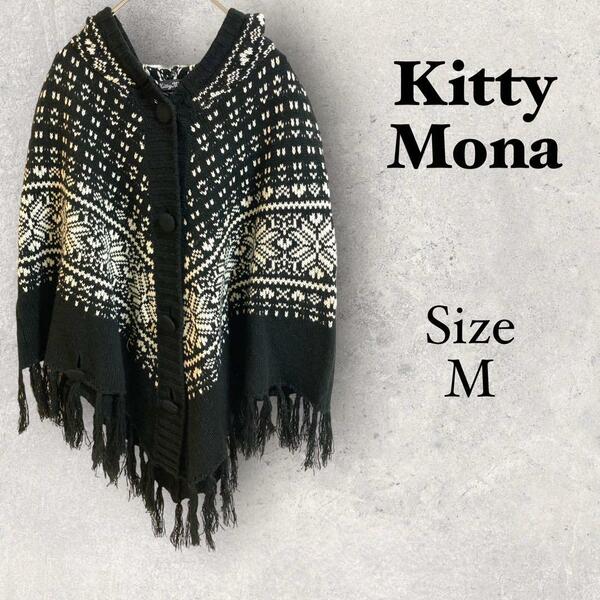 31338 kitty mona【M】ポンチョ　ボタン付きショール　ブラック