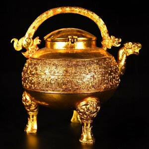◆古寳堂◆清 銅製 塗金 提梁壺器具 置物 賞物 極細工 古置物 古擺件 中国古美術 時代物 古董品